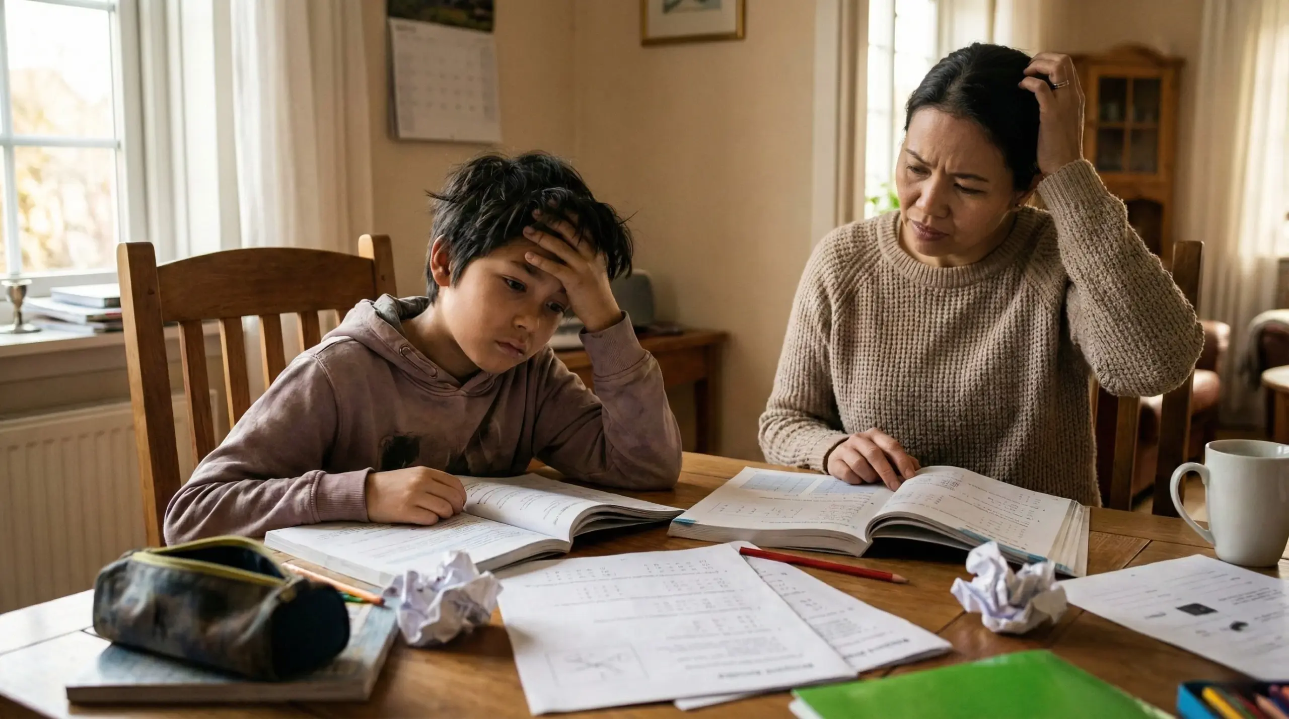 Foto anak yang terlihat bosan stres belajar didampingi orang tua yang bingung (ekspresi frustrasi)